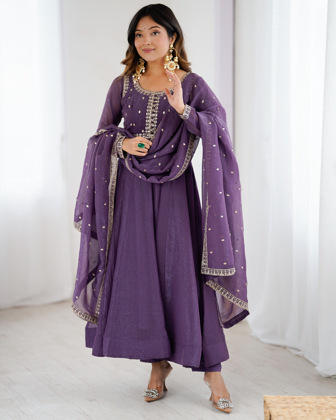 Purple Crunchy Silk Anarkali Gown Set – Ready to Wear