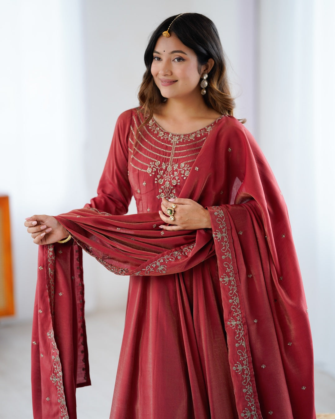 Maroon Chanderi Silk Anarkali Set with Handwork Beads