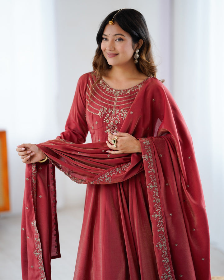 Maroon Chanderi Silk Anarkali Set with Handwork Beads