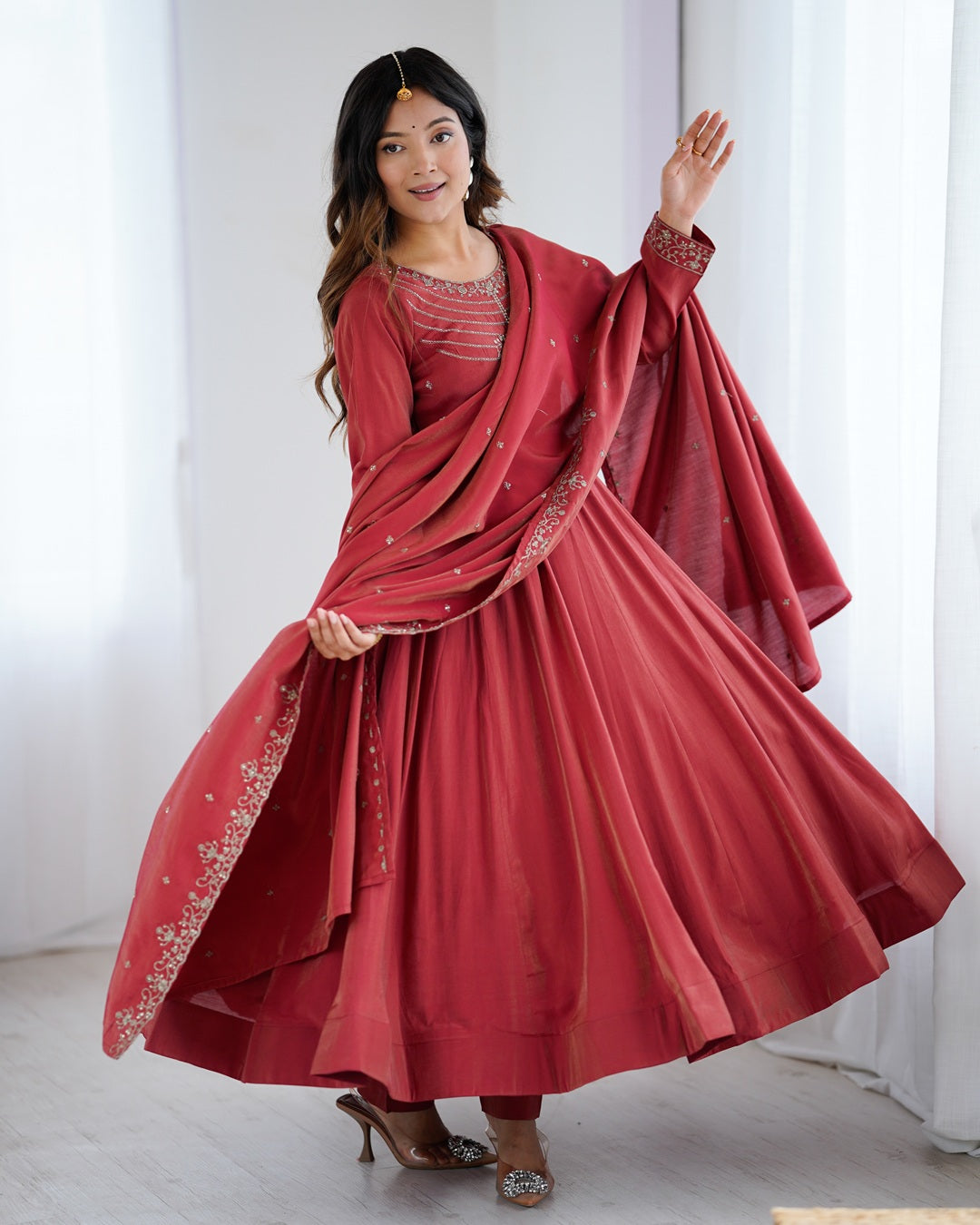 Maroon Chanderi Silk Anarkali Set with Handwork Beads