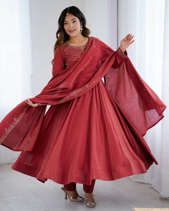Maroon Chanderi Silk Anarkali Set with Handwork Beads
