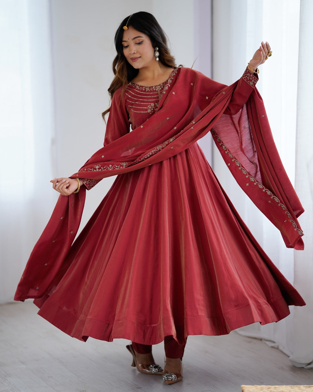 Maroon Chanderi Silk Anarkali Set with Handwork Beads