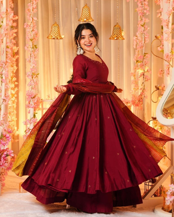 Maroon Flared Anarkali Palazzo Suit Set