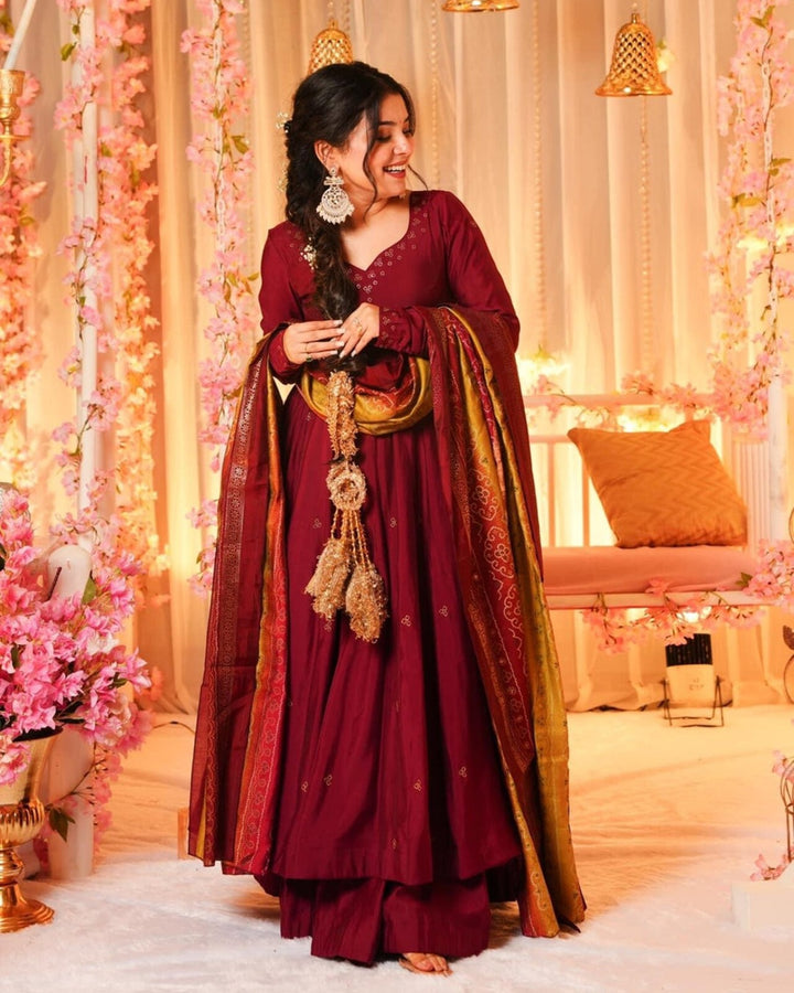 Maroon Flared Anarkali Palazzo Suit Set