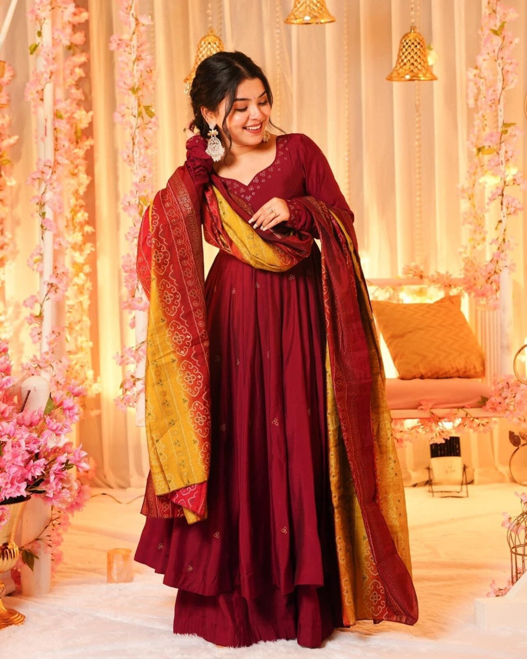 Maroon Flared Anarkali Palazzo Suit Set