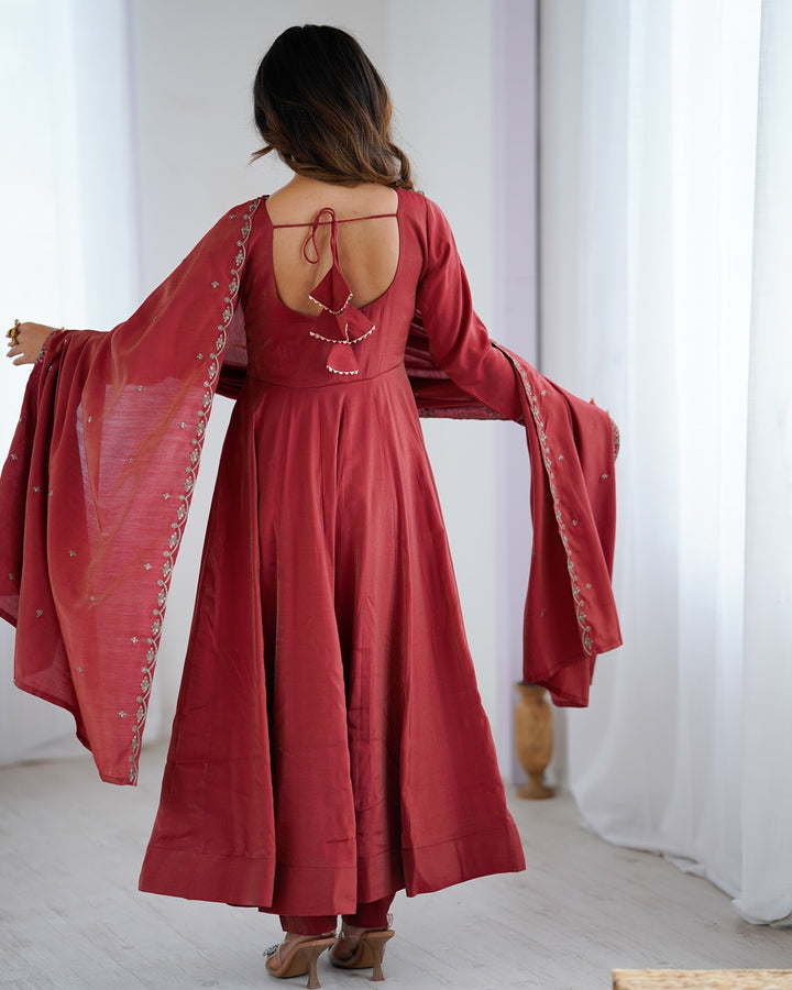 Maroon Chanderi Silk Anarkali Set with Handwork Beads