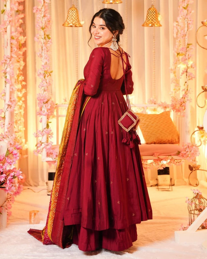 Maroon Flared Anarkali Palazzo Suit Set