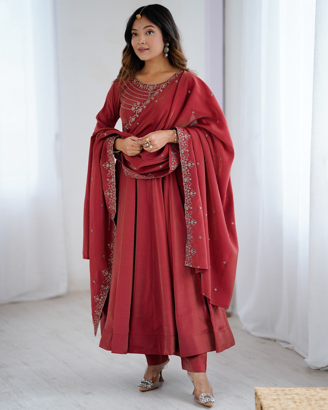 Maroon Chanderi Silk Anarkali Set with Handwork Beads
