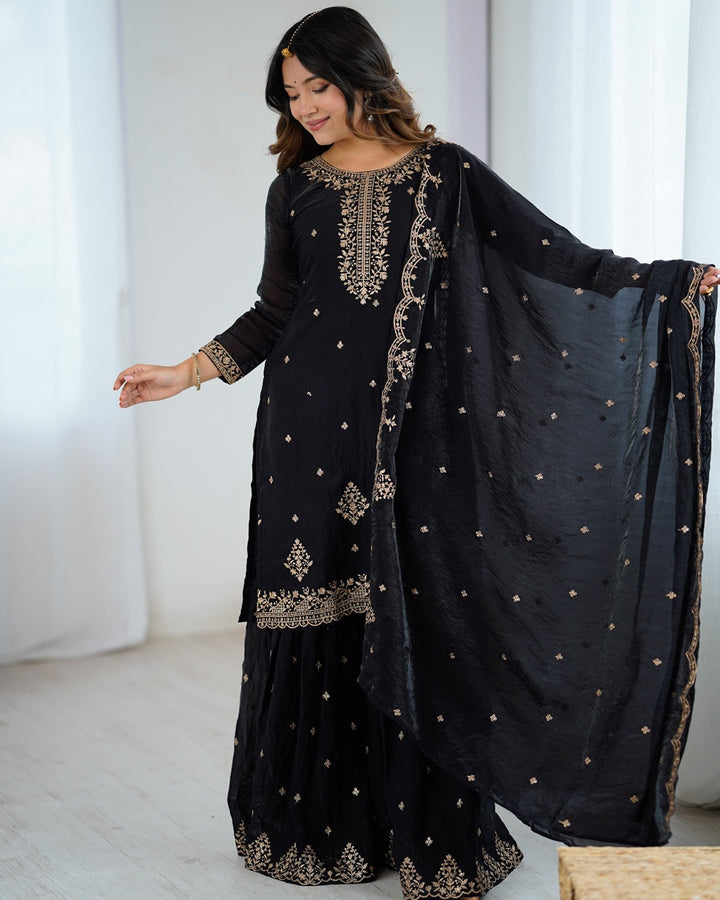 Black Elegance – Sharara Set with Zari & Sequin Embroidery