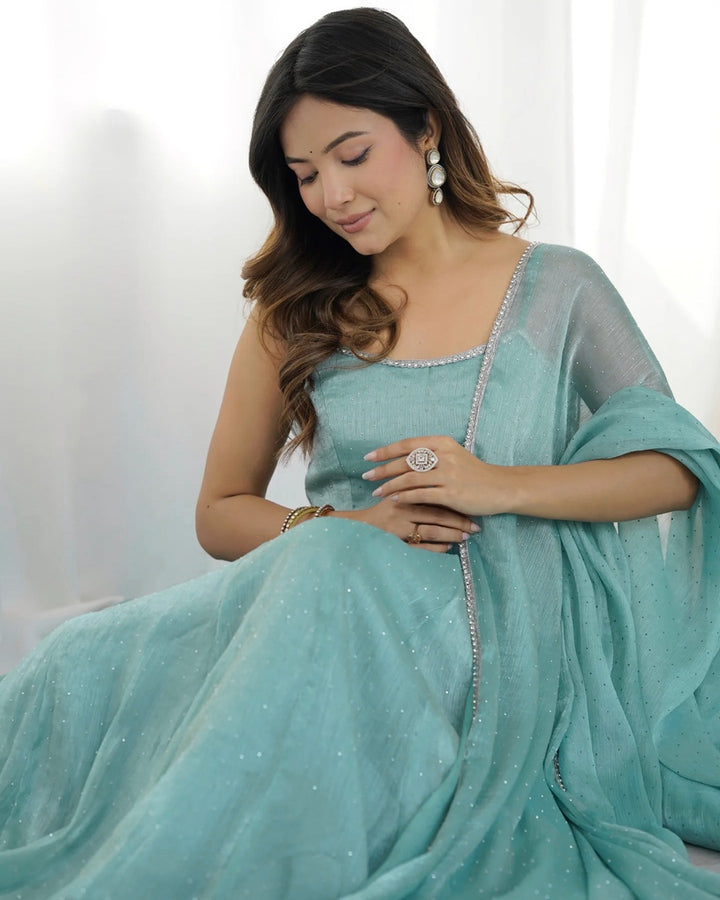 Pastel Blue Silk Kali Style Set with Sirozski Work & Dupatta