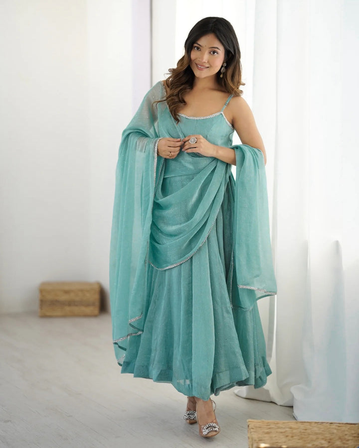 Pastel Blue Silk Kali Style Set with Sirozski Work & Dupatta