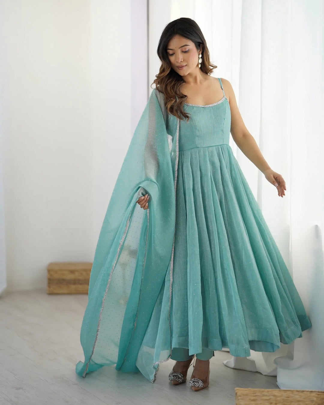Pastel Blue Silk Kali Style Set with Sirozski Work & Dupatta