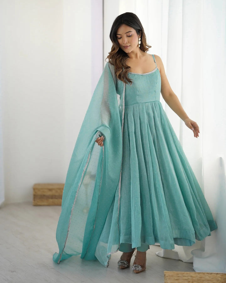 Pastel Blue Silk Kali Style Set with Sirozski Work & Dupatta