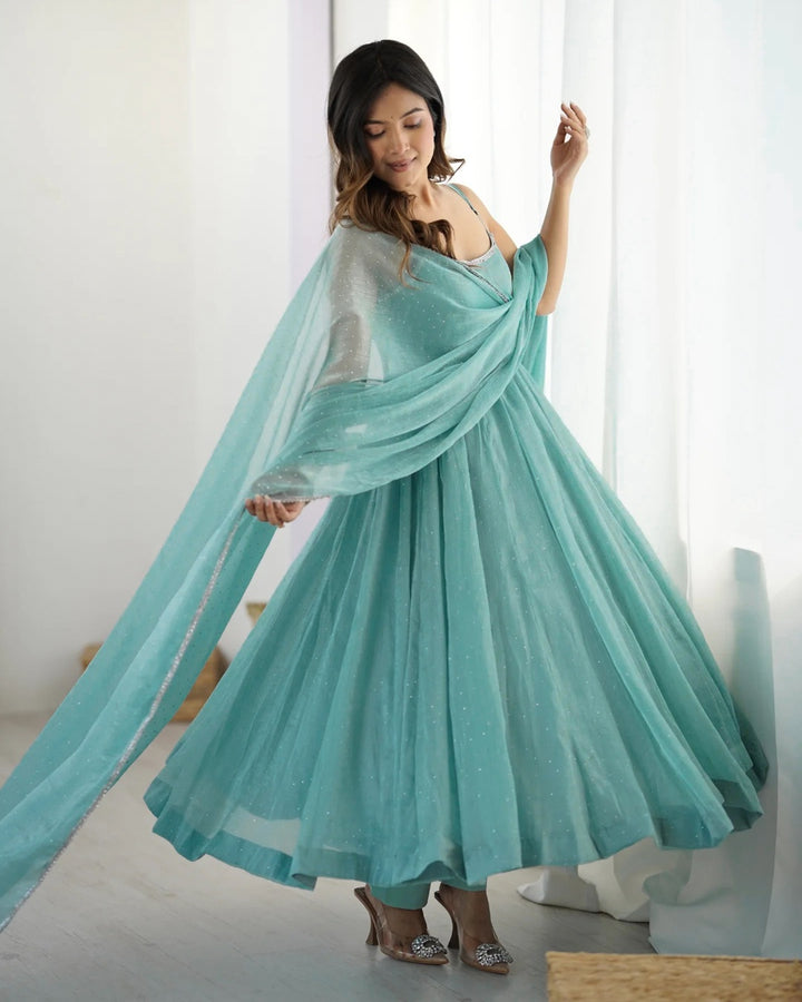 Pastel Blue Silk Kali Style Set with Sirozski Work & Dupatta
