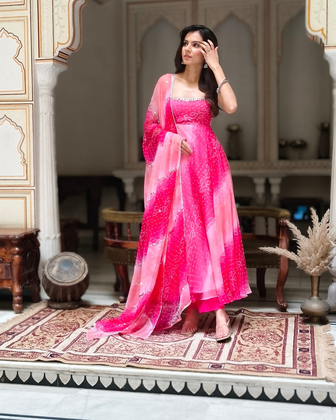 Pink Faux Georgette Digital Print Anarkali with Real Mirror Handwork