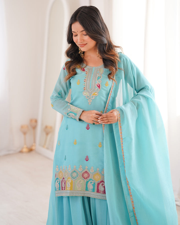 Sky Blue Color Crunchy Silk Embroidered Palazzo Suit | Designer Festive & Party Wear