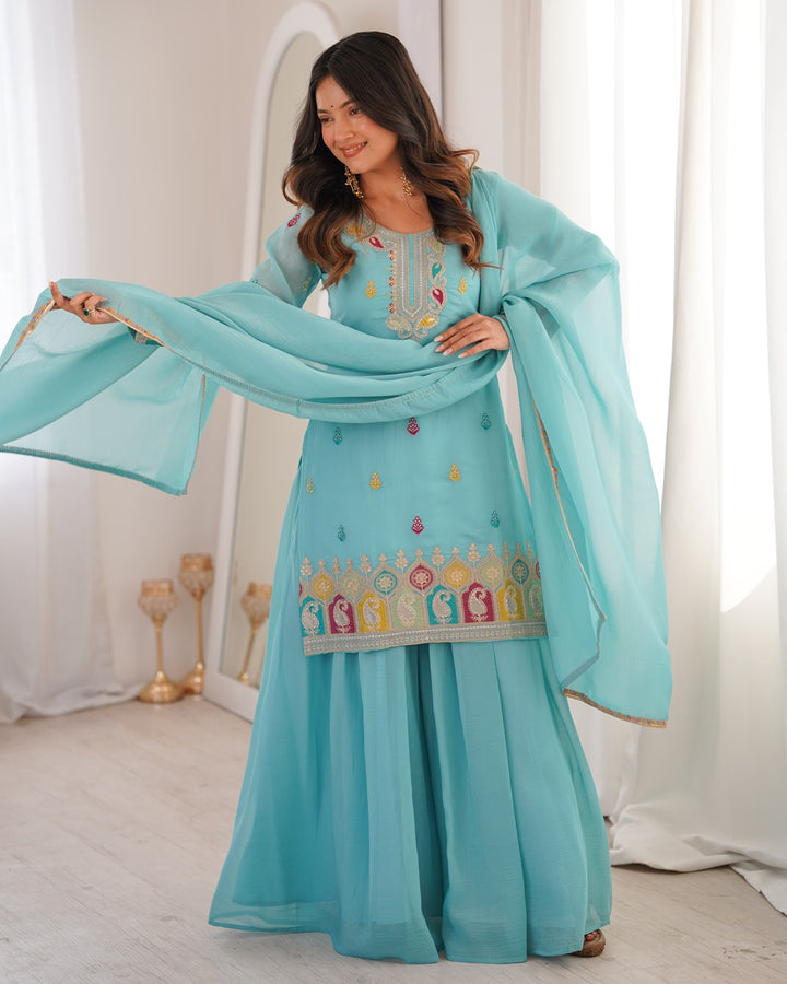 Sky Blue Color Crunchy Silk Embroidered Palazzo Suit | Designer Festive & Party Wear