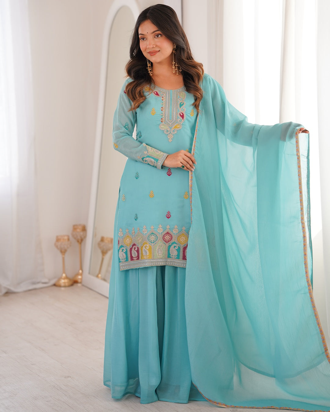 Sky Blue Color Crunchy Silk Embroidered Palazzo Suit | Designer Festive & Party Wear
