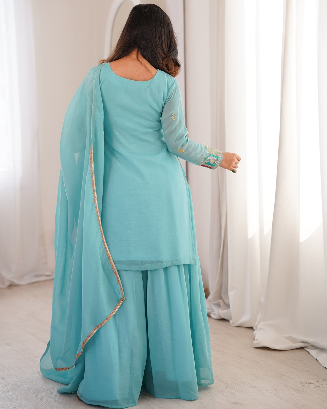 Sky Blue Color Crunchy Silk Embroidered Palazzo Suit | Designer Festive & Party Wear