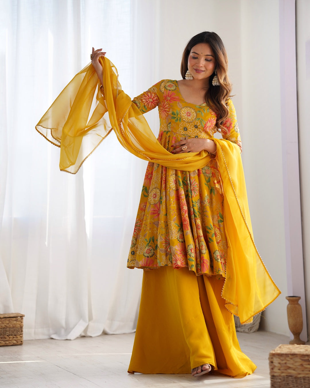 Mustard Color Roman silk Discharge Printed Plazzo Suit