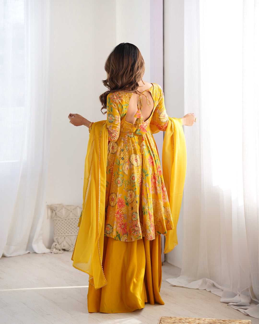 Mustard Color Roman silk Discharge Printed Plazzo Suit