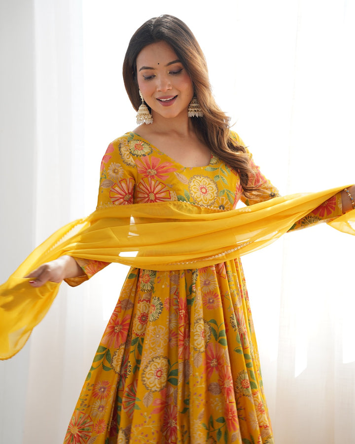 Mustard Color Roman silk Discharge Printed Plazzo Suit