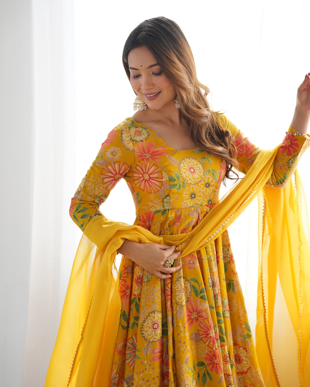Mustard Color Roman silk Discharge Printed Plazzo Suit