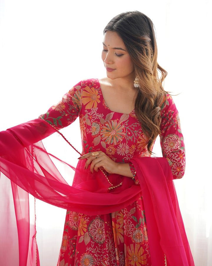 Rani Pink Color Roman silk Discharge Printed Plazzo Suit