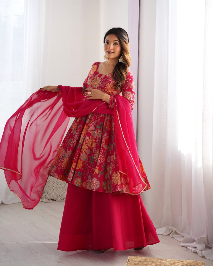 Rani Pink Color Roman silk Discharge Printed Plazzo Suit