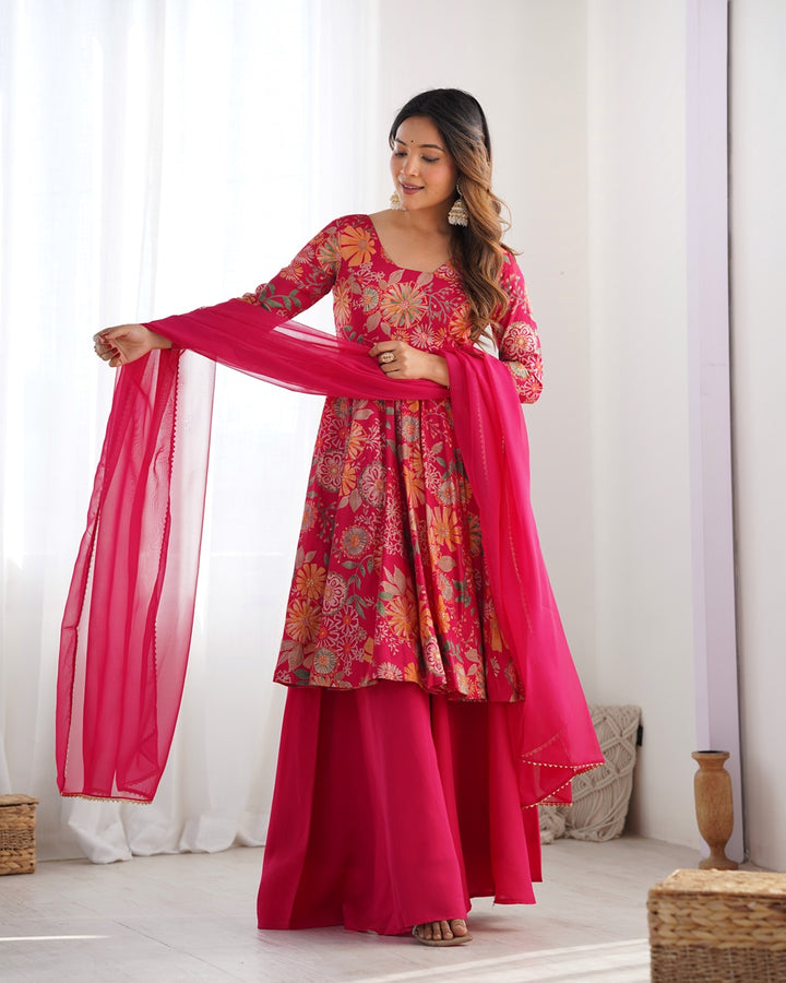 Rani Pink Color Roman silk Discharge Printed Plazzo Suit