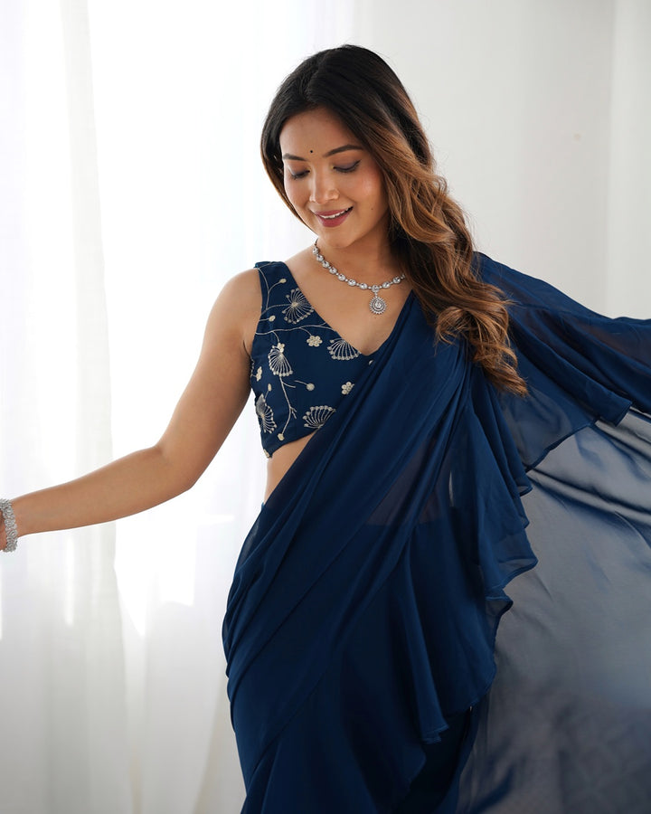 Teal Blue Color Faux Georgette Fancy Sharara Saree