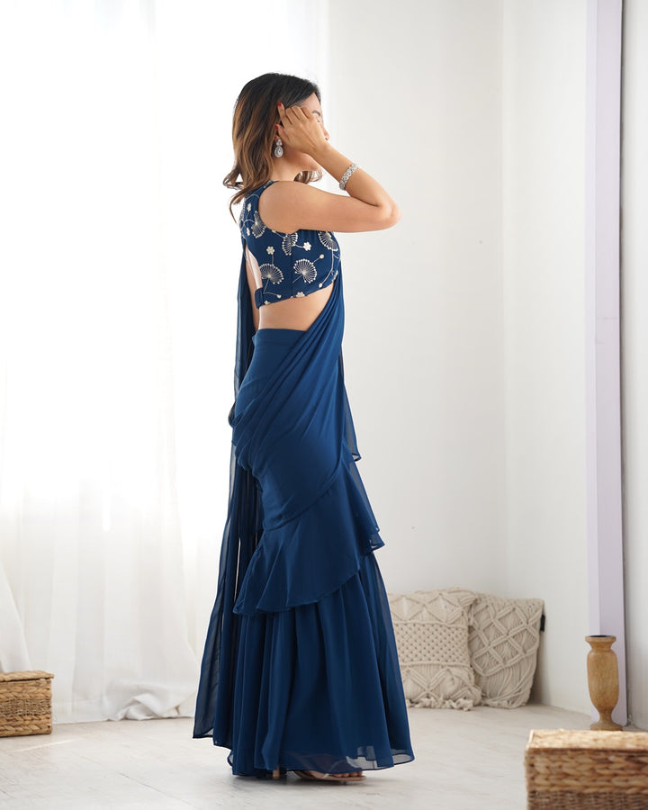 Teal Blue Color Faux Georgette Fancy Sharara Saree