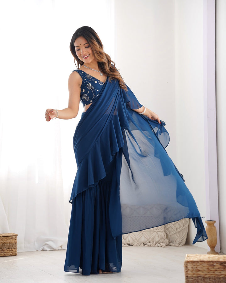 Teal Blue Color Faux Georgette Fancy Sharara Saree