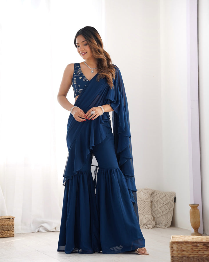 Teal Blue Color Faux Georgette Fancy Sharara Saree