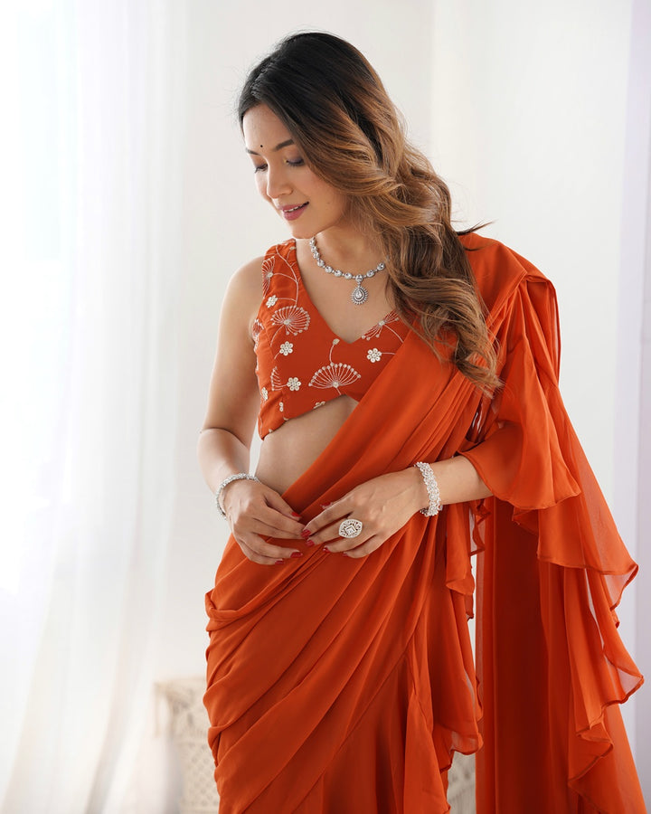 Rust Color Faux Georgette Fancy Sharara Saree