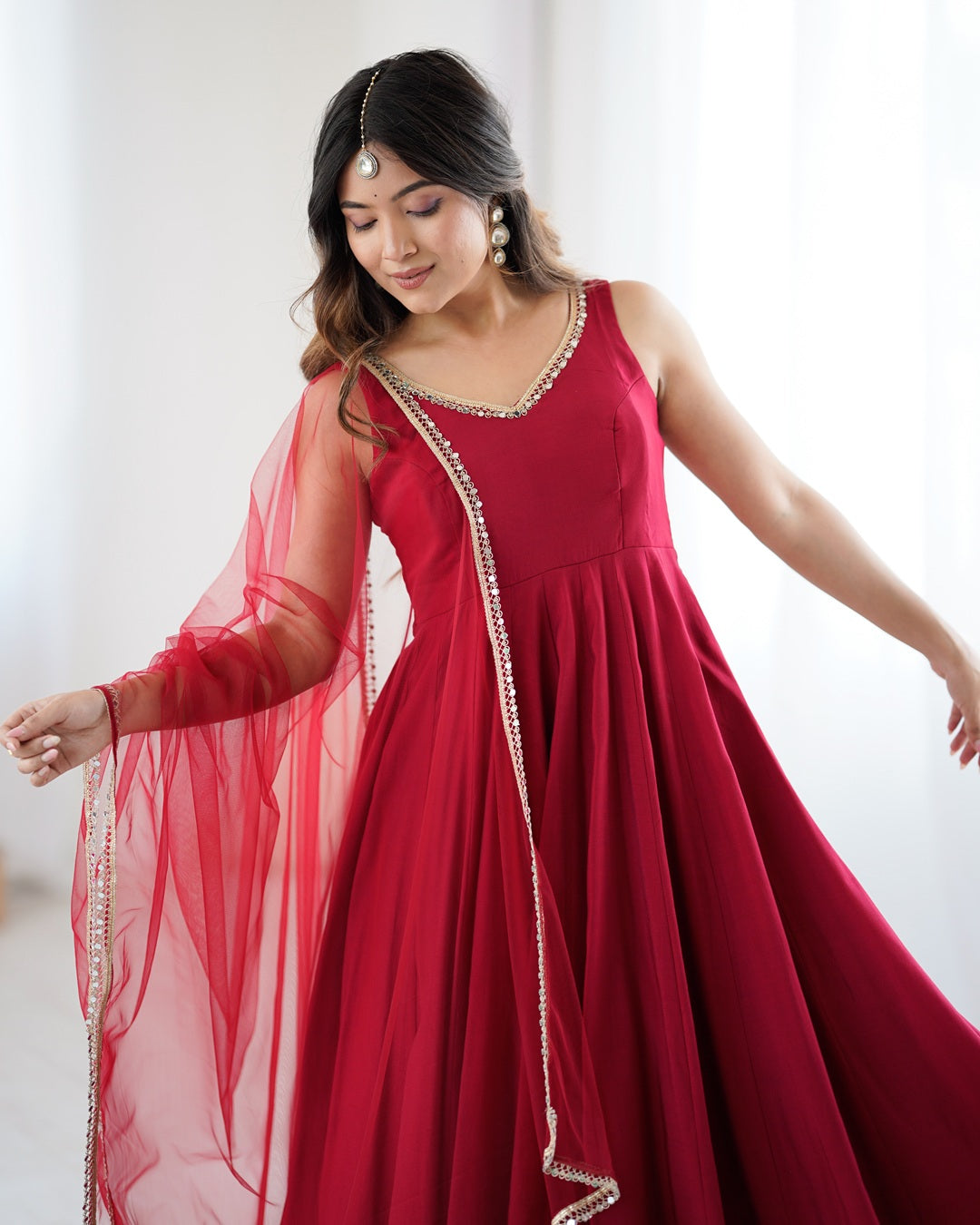 Maroon Chanderi Silk Flared Anarkali Set with Dupatta & Pants