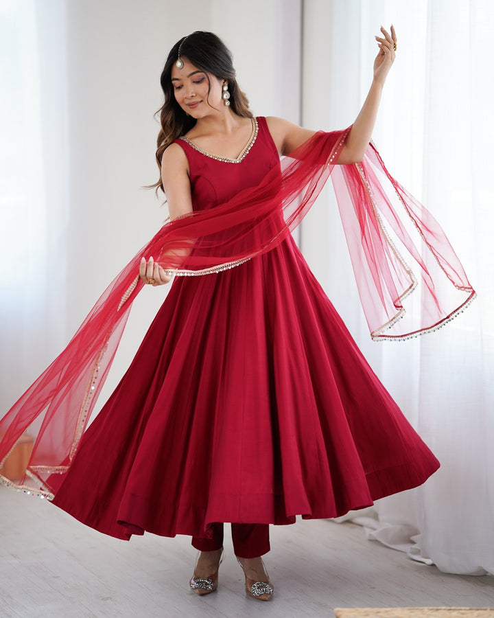 Maroon Chanderi Silk Flared Anarkali Set with Dupatta & Pants