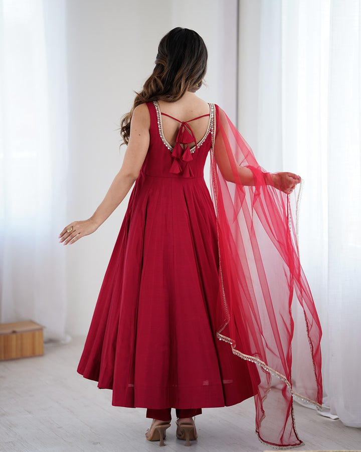 Maroon Chanderi Silk Flared Anarkali Set with Dupatta & Pants