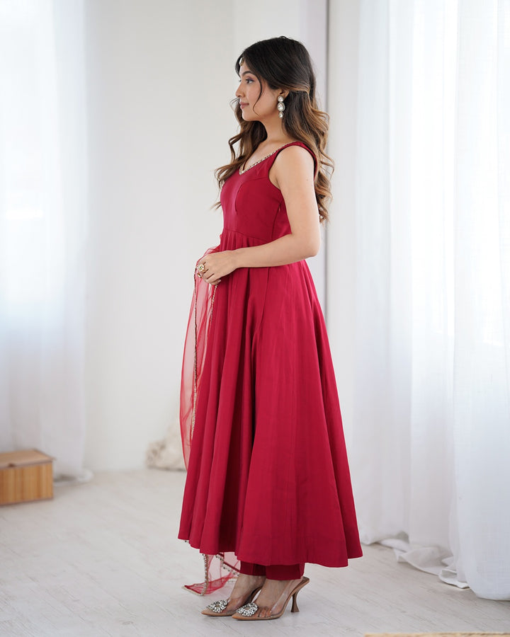 Maroon Chanderi Silk Flared Anarkali Set with Dupatta & Pants