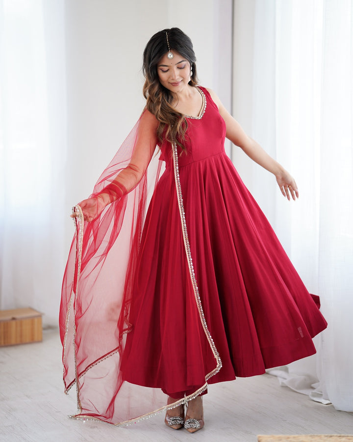 Maroon Chanderi Silk Flared Anarkali Set with Dupatta & Pants