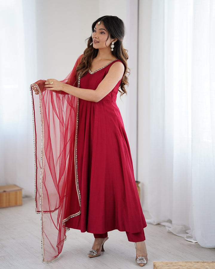 Maroon Chanderi Silk Flared Anarkali Set with Dupatta & Pants