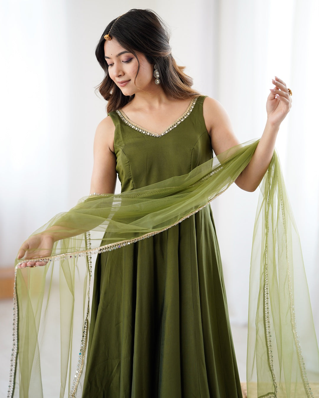 Mehndi Chanderi Silk Flared Anarkali Set with Dupatta & Pants