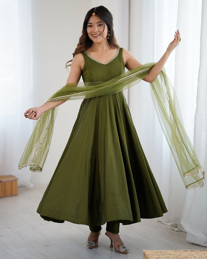 Mehndi Chanderi Silk Flared Anarkali Set with Dupatta & Pants