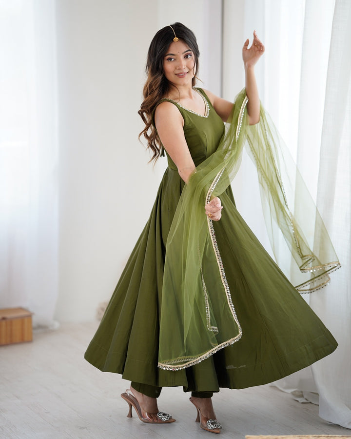 Mehndi Chanderi Silk Flared Anarkali Set with Dupatta & Pants