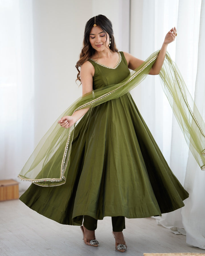 Mehndi Chanderi Silk Flared Anarkali Set with Dupatta & Pants