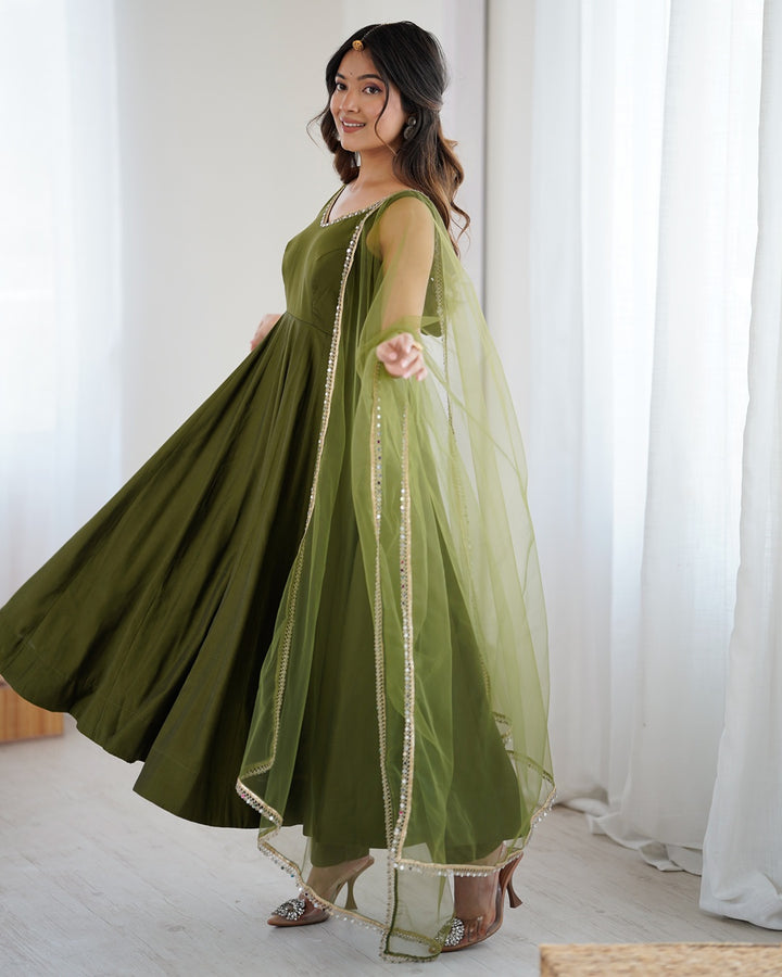 Mehndi Chanderi Silk Flared Anarkali Set with Dupatta & Pants