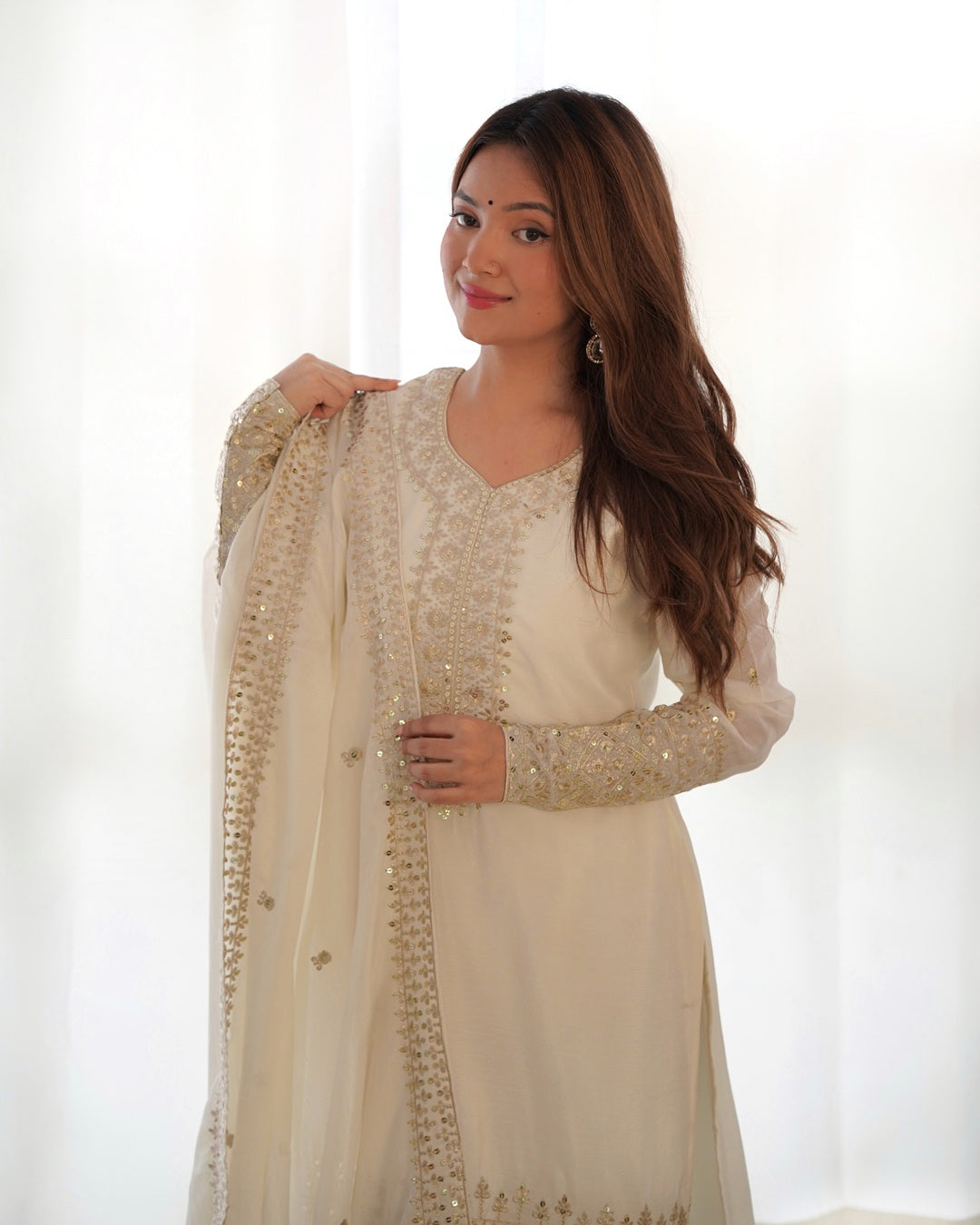 White Color Chinon Silk Three Piece Kurti Suit