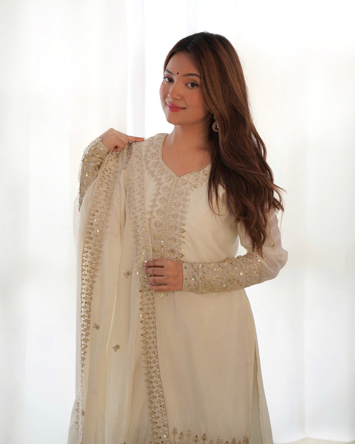 White Color Chinon Silk Three Piece Kurti Suit