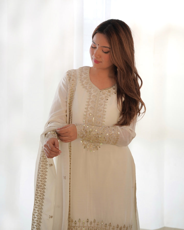 White Color Chinon Silk Three Piece Kurti Suit
