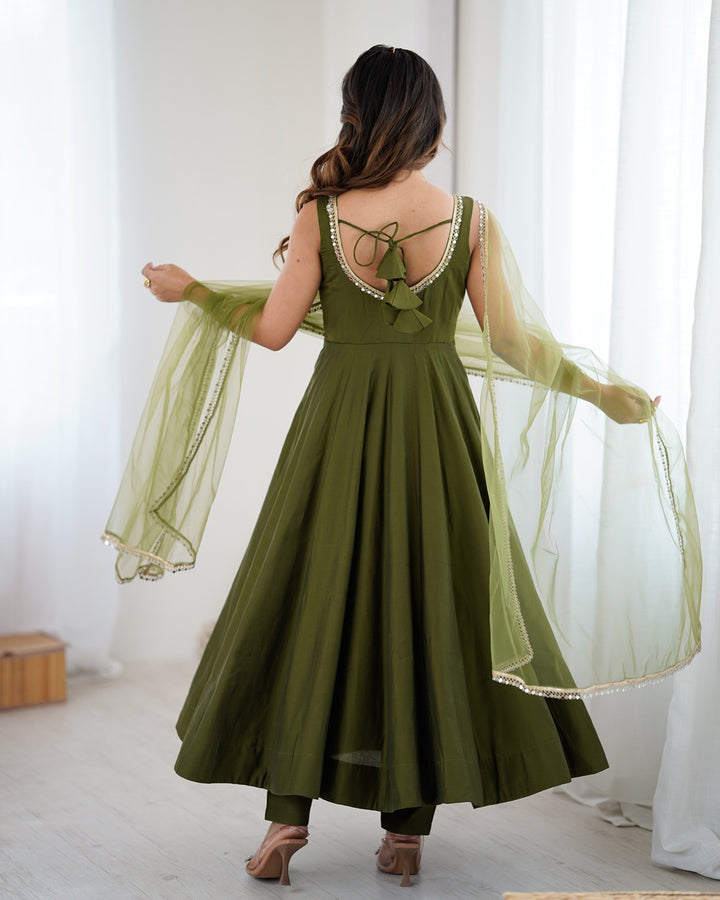 Mehndi Chanderi Silk Flared Anarkali Set with Dupatta & Pants